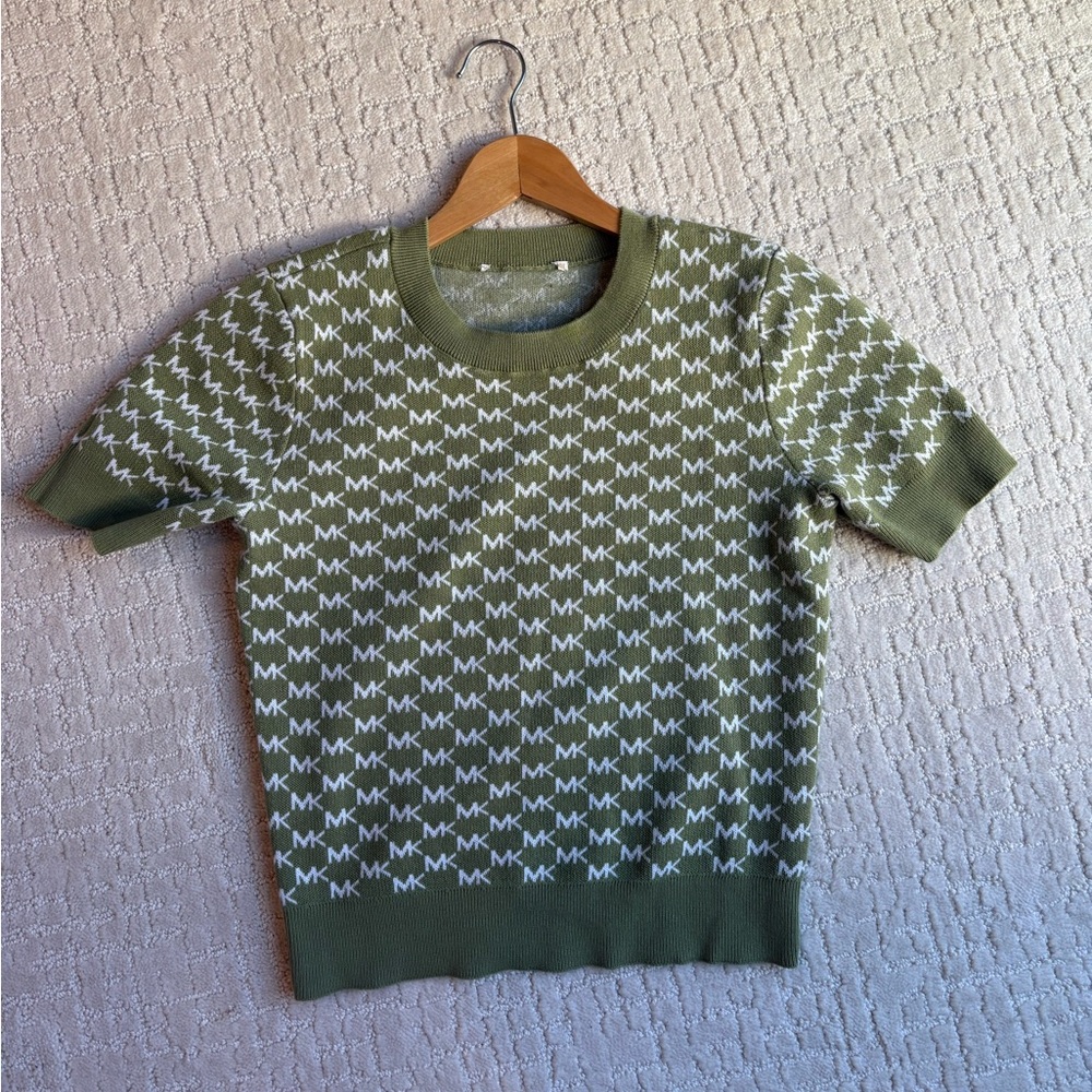 Michael Kors Olive and White Patterned Knit Top